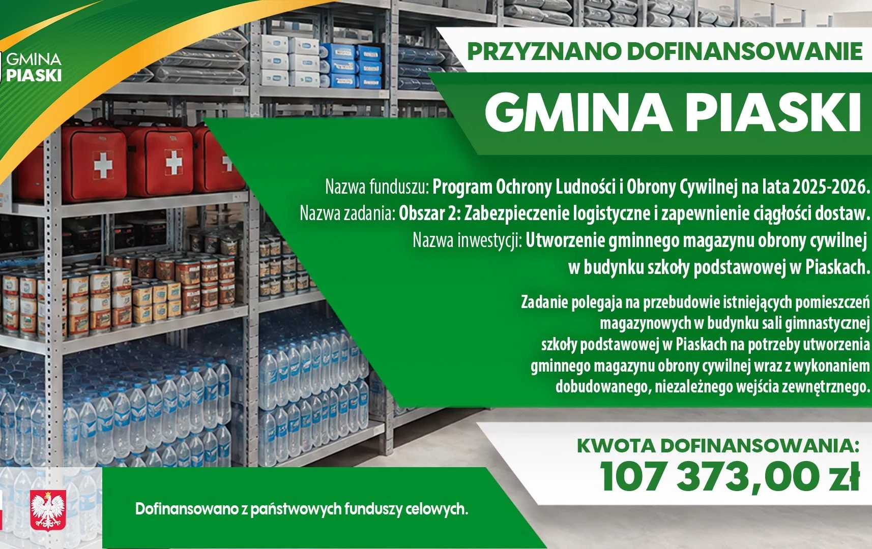 Magazyn obrony cywilnej powstanie w szkole podstawowej w Piaskach